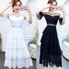 Elbow-sleeve Mesh Paneled Lace A-line Midi Tiered Dress