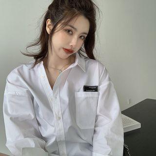 Long-sleeve Plain Asymmetric Loose Fit Shirt White - One Size