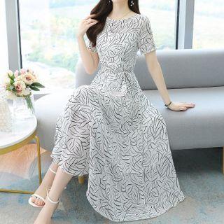Short-sleeve All-over Print Midi A-line Dress