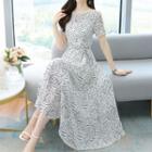 Short-sleeve All-over Print Midi A-line Dress