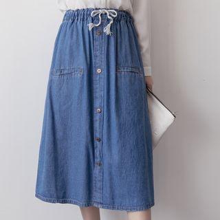Drawstring Buttoned Midi Denim Skirt