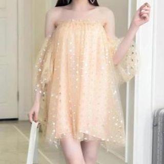 Off-shoulder Sequined A-line Mesh Dress