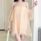 Off-shoulder Sequined A-line Mesh Dress