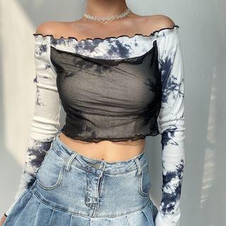 Long-sleeve Off-shoulder Mesh Panel Tie-dye Crop Top
