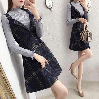 Plaid Sleeveless A-line Dress / Mock Neck Knit Top / Set