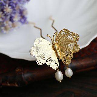 925 Sterling Silver Faux Pearl Butterfly Hair Stick 1 Pc - Gold - One Size