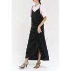 Drawstring A-line Long Overall Dress Black - One Size