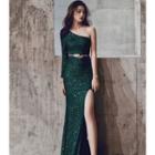 Sequined One-shoulder Sheath Evening Gown