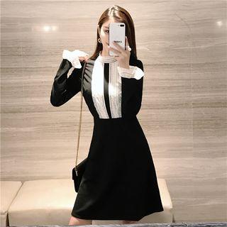 Long-sleeve Mock Neck Lace-trim Mini A-line Dress