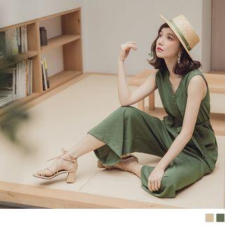 Sleeveless V-neck Wide-leg Jumper Pants