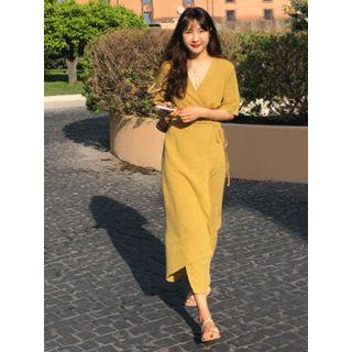 Wrap-front Linen Blend Long Dress