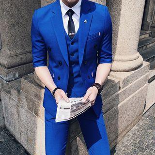 Set: 3/4-sleeve Double Breasted Blazer + Vest + Dress Pants