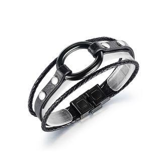 Fashion And Elegant Plated Black 316l Stainless Steel Geometric Circle Leather Bangle Black - One Size