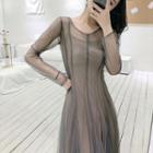 Plain Long-sleeve Knit Top / Spaghetti Strap Dress