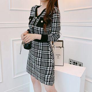 Long-sleeve Houndstooth Knit Mini Bodycon Dress