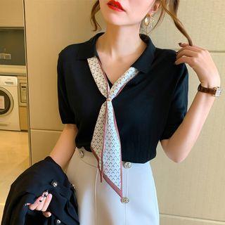 Short-sleeve Printed Tie-neck Polo Knit Top