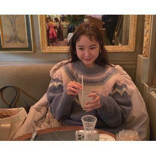 Raglan-sleeve Patterned Sweater One Size
