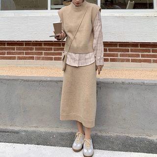 Plaid Shirt / Plain Sweater Vest / Knit Midi Skirt / Set