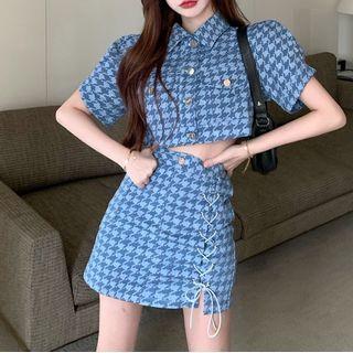 Short-sleeve Houndstooth Top / Mini Skirt