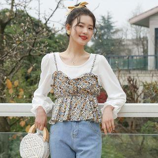 Mock Two-piece Flower Print Blouse Floral - One Size