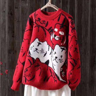 Round Neck Cartoon Print Loose Fit Sweater Red - One Size