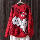 Round Neck Cartoon Print Loose Fit Sweater Red - One Size