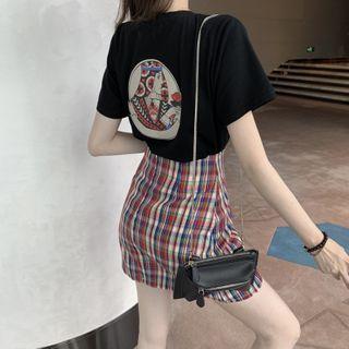 Set: Short-sleeve Printed Back T-shirt + Plaid Mini A-line Skirt