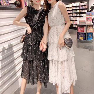 Sleeveless Midi Printed Layered Dress
