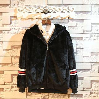 Hooded Stripe-detail Furry Jacket