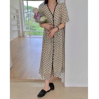 Puff-sleeve Dotted Midi A-line Dress Dots - White - One Size