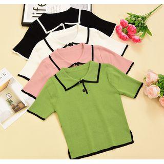 Polo Collar Colour-block Short-sleeved Knit Top