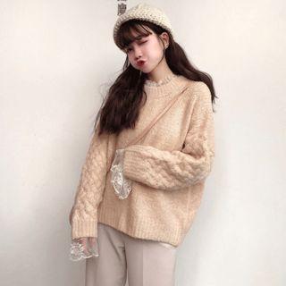 Set: Cable-knit Sweater + Long-sleeve Lace Top