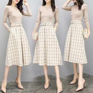 Set: Long Sleeve Knit Top + High Waist Check Skirt