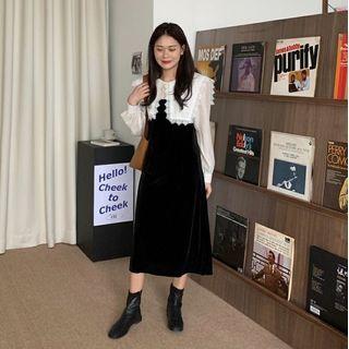 Long-sleeve Paneled Midi A-line Velvet Dress Black - One Size