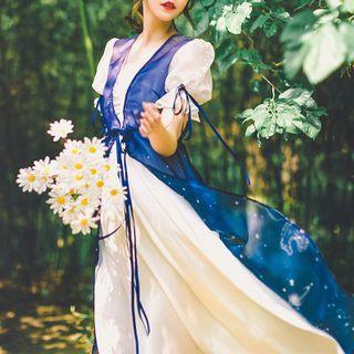 Puff-sleeve Starry Mesh A-line Midi Dress