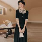 Short-sleeve Lace Panel Tie-neck Midi A-line Dress