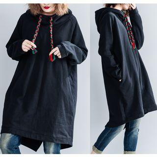 Drawstring Hoodie Dress Black - One Size