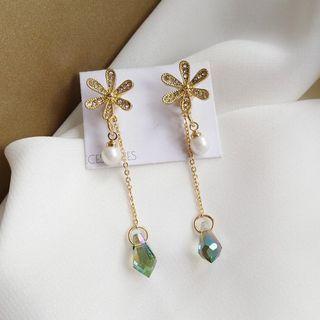 Flower Rhinestone Faux Pearl Dangle Earring 1 Pair - S925 Silver Needle - Earring - Gold - One Size