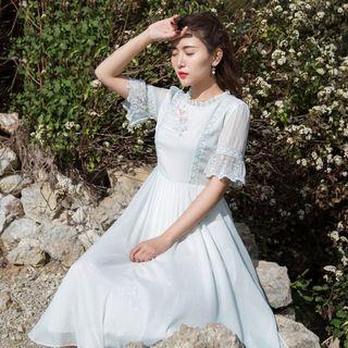 Short-sleeve Embroidered Lace-trim Dress