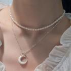 Moon Pendant Layered Faux Pearl Sterling Silver Choker Necklace