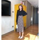 V-neck Blouse / Leopard Print Midi A-line Chiffon Skirt
