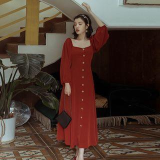 Long-sleeve Buttoned Square-neck Midi A-line Dress