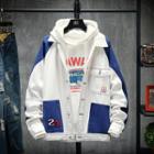 Color Block Applique Hooded Button Jacket