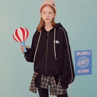 Letter Patch Pipe-trim Hoodie Black - One Size