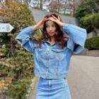 Slit-sleeve Distressed Denim Jacket Blue - One Size
