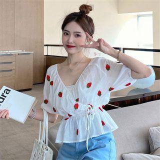 Strawberry Print Elbow-sleeve Peplum Blouse