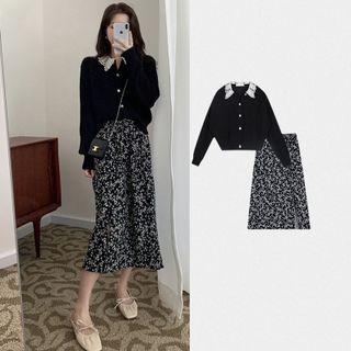 Lace Trim Cardigan / Flower Print Midi A-line Skirt