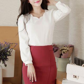 Scallop Neck Long-sleeve Blouse