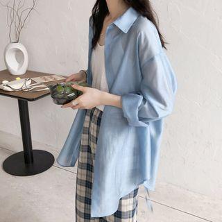 Long-sleeve Tie-back Plain Shirt