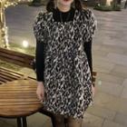 Long-sleeve Plain Top / Puff-sleeve Leopard Print Mini A-line Dress